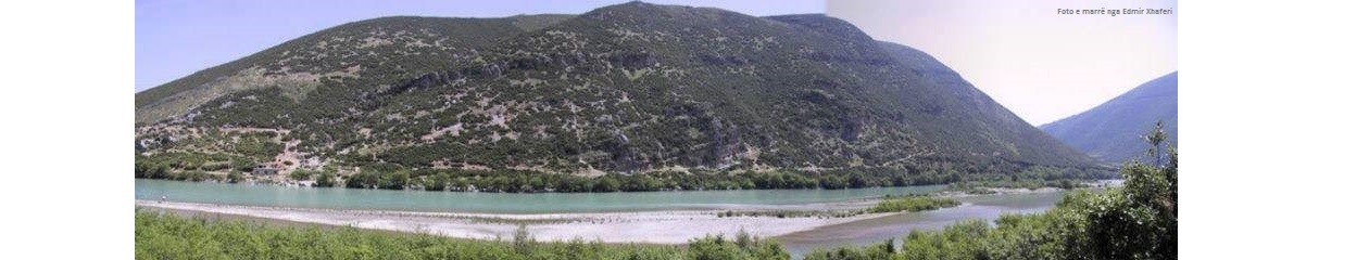 Lumi Vjosa me ujë të gjelbër nën malet pranë Kalivaçit